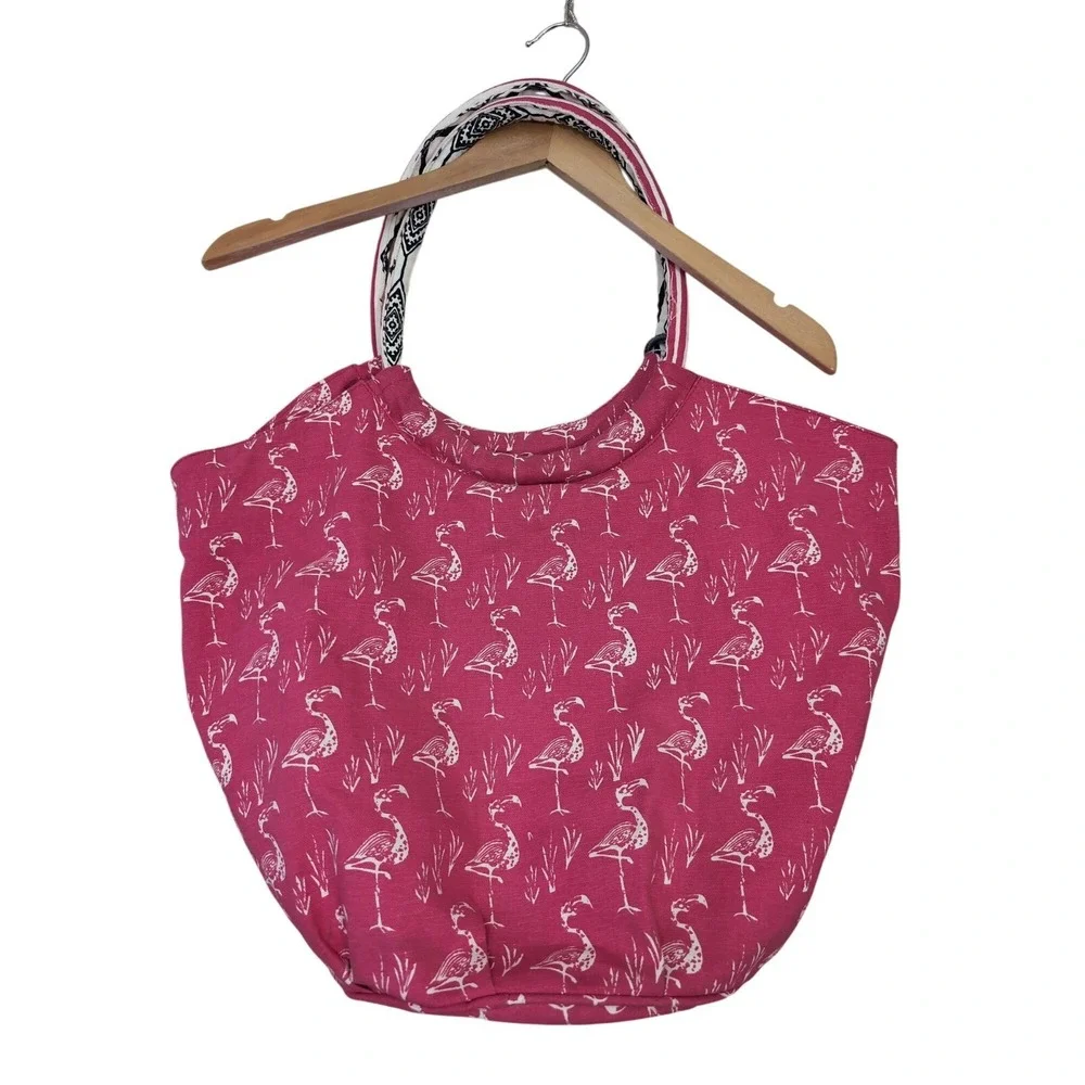 Rock Flower Paper Flamingo Print Bucket Bag Tote Pink Beach Vaca Over Shoulder